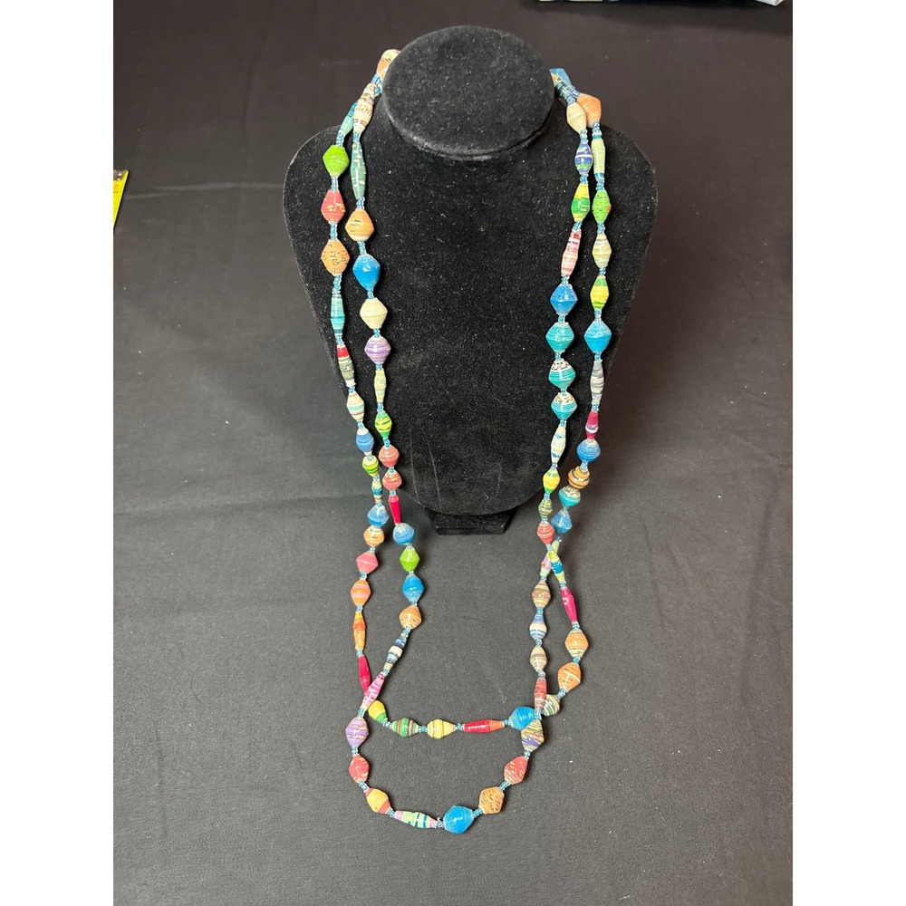 Handmade Recycled Paper Bead Necklace Multicolored Long Boho Strand 56 Inch